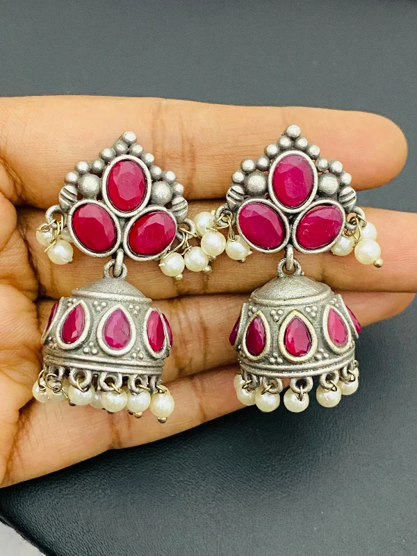 Clear Crystal Earrings-Beautiful Red Color Stoned Silver Oxidized Jhumkas For Women