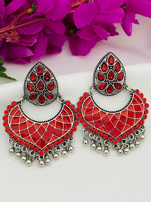 Vintage Boho Earrings-Beautiful Red Colored Pearl Design Oxidized Earrings