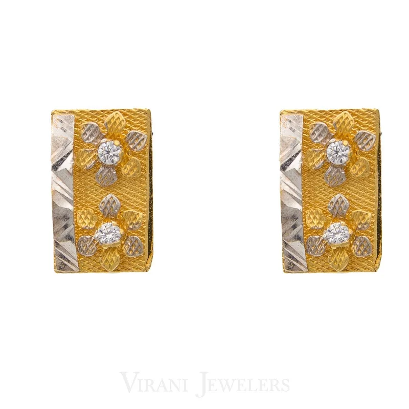 Large Silver Earrings-22K Multitone Floral Rectangular Gold Stud Earrings