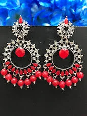 Cute Heart Earrings-Charming Red Colored Oxidized Stone And Beads Worked Unique Designed Earrings