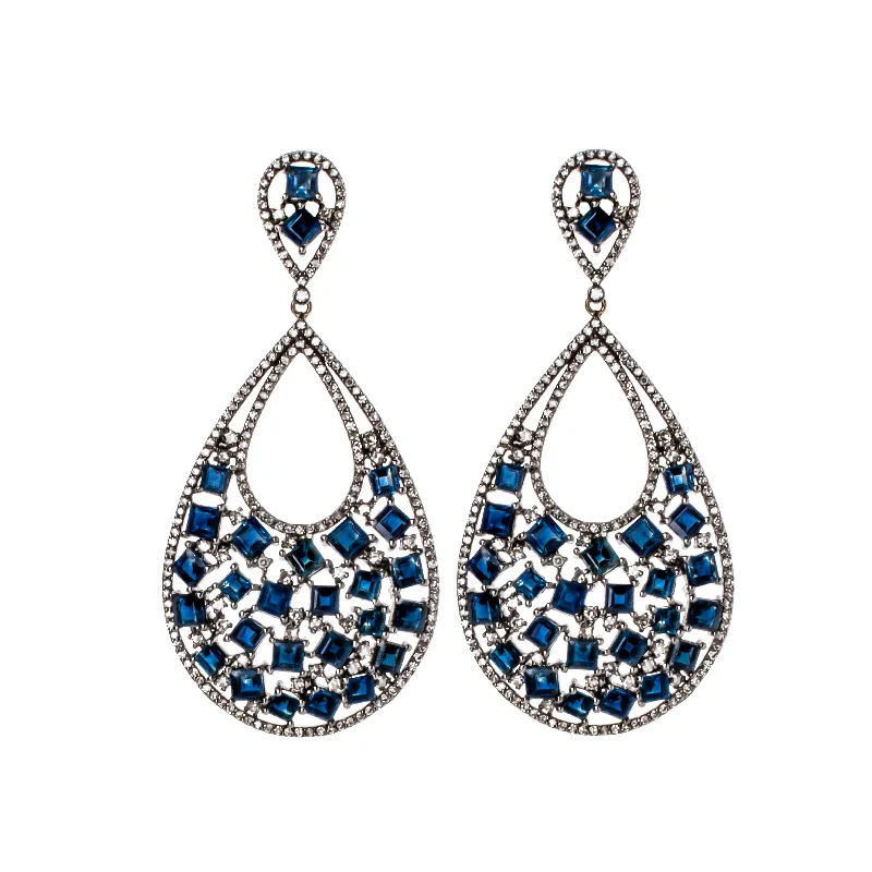 Geometric Earrings for Women-Sapphire & Diamond Raindrop Earrings