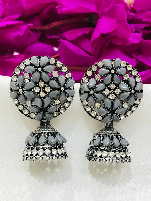 Swarovski Crystal Earrings-Appealing Gray Colored Stone Work Oxidized Earrings For Women