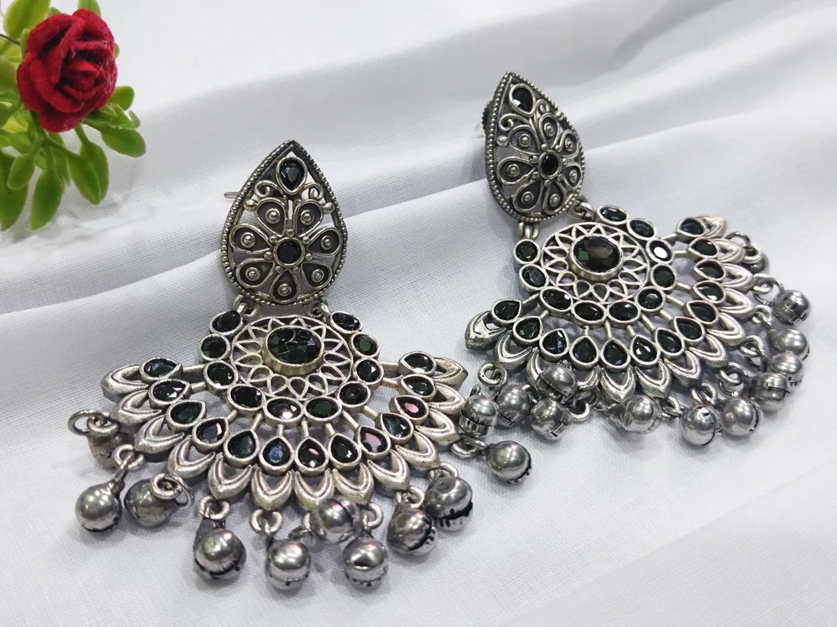 Shiny Drop Earrings-High End Oxidized Brass Earrings With Beads And Stones