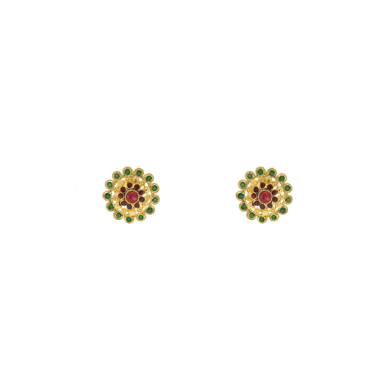 Silver Hoop Earrings-22K Yellow Gold Stud Earrings Finely Deatiled W/ Emerald & Rubies, 4.2 grams