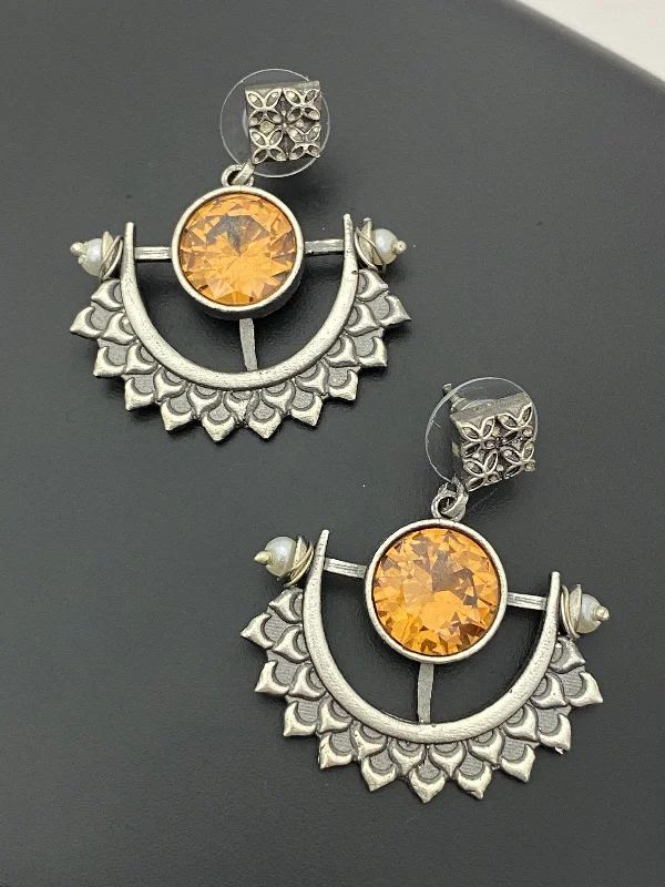 Funky Pearl Earrings-Alluring Orange Stone Beaded Half Moon Design German Silver Plated Oxidized Earrings