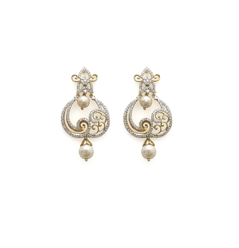 Stylish Dangling Earrings-18K Yellow Gold Diamond Chand Bali Earrings W/ 1.49ct VS Diamonds, Pearls & Paisley Design