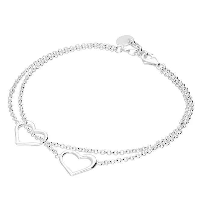 Leather Wrap Bracelet-Sterling Silver Double Open Heart Chain Bracelet