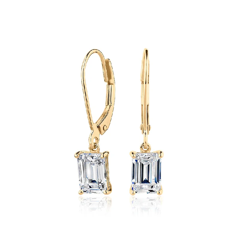 Wedding Dangle Earrings-Emerald Cut drop earrings with 2 carats* of diamond simulants in 10 carat yellow gold