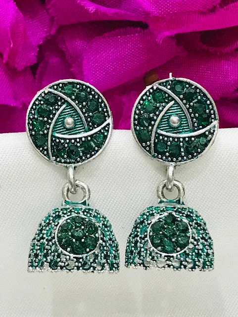 Fashion Hoop Earrings-Beautiful Green Color Oxidized Stone And Print Worked Earrings