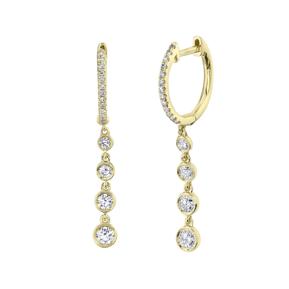 Casual Everyday Earrings-14K Diamond Huggies With 4 Graduated Bezel Diamond Drop Earrings