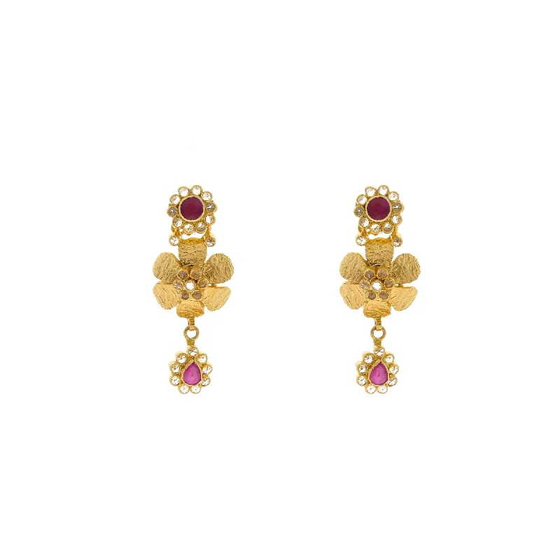 Bridesmaid Earrings-22K Yellow Gold Flower Shaped Hanging Earrings Finely Detailed W/ Ruby & Cubic Zirconia, 11.4 grams