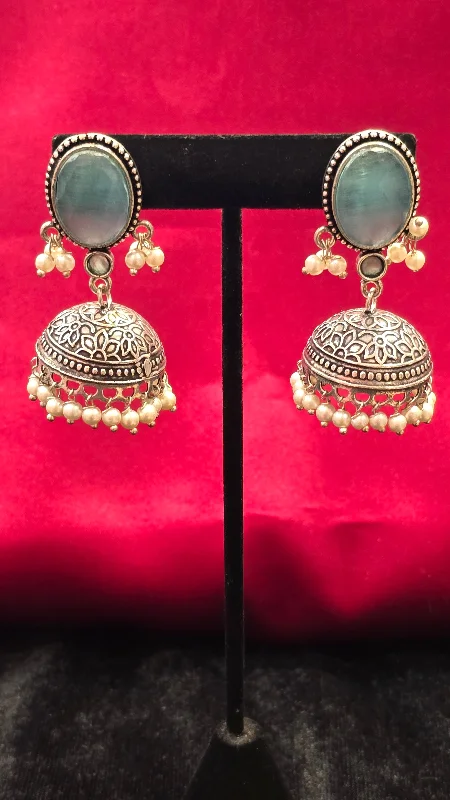 Large Hoop Earrings-Pretty Light Blue Color And White Beads Jhumkas For Women