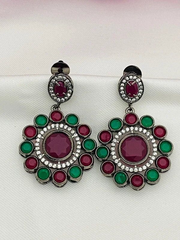 Custom Birthstone Earrings-Ravishing Emerald And Ruby Stone Studded Floral Design German Silver Plated Dangle Earrings