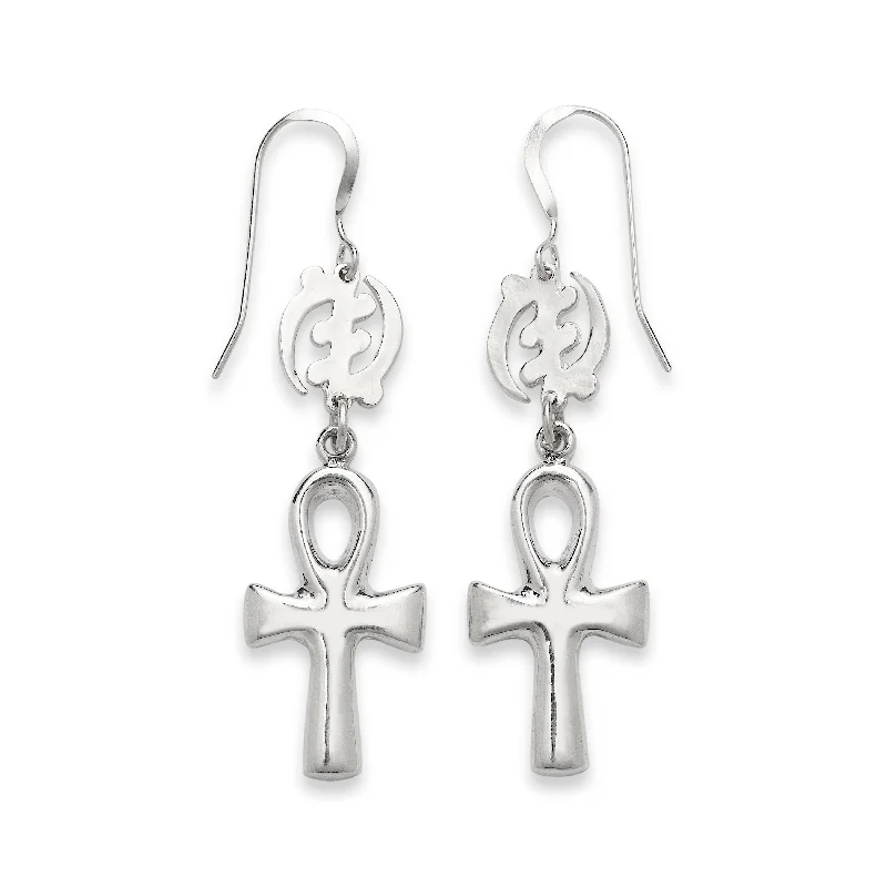 Vintage Gemstone Earrings-Solid .925 Sterling Silver Ankh Cross Gye Nyame Adinkra Earrings