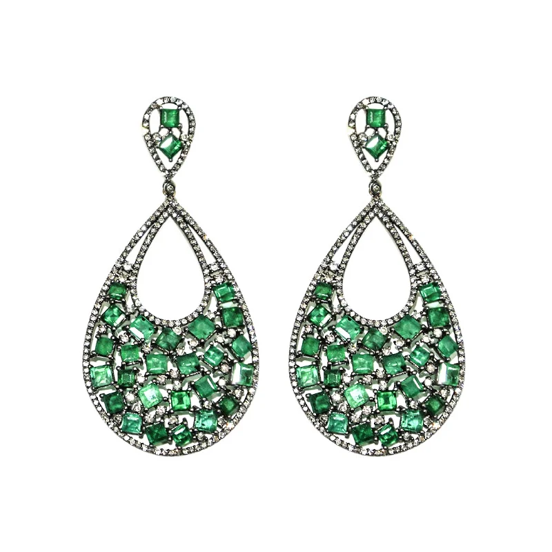 Elegant Drop Earrings-Emerald & Diamond Raindrop Earrings