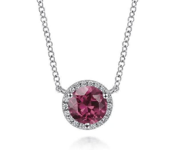 Boho Gemstone Necklace-14K White Gold Round Pink Tourmaline and Diamond Halo Pendant Necklace