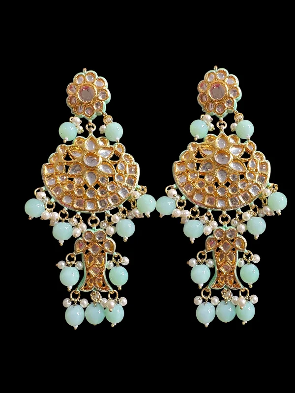 Long Diamond Earrings-Farwah large  Kundan earrings  - Mint   ( READY TO SHIP )