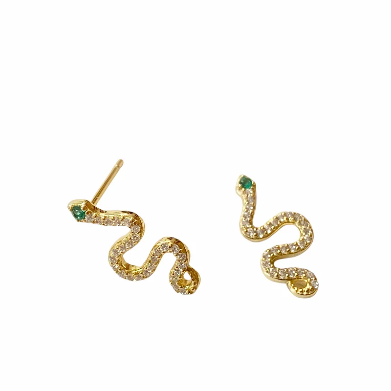 Luxury Gold Earrings-Sterling Silver Emerald Snake Stud Earrings