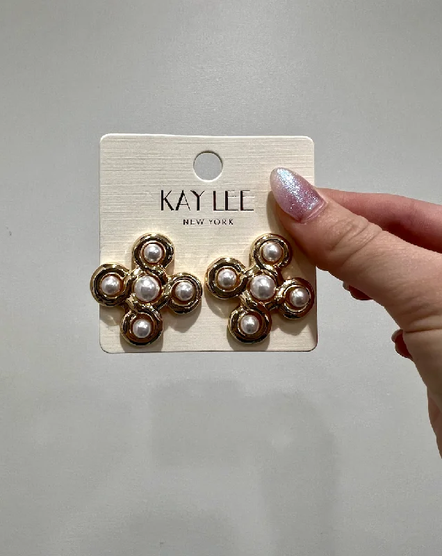 Floral Stud Earrings-Round Pearl Crisscross Earrings