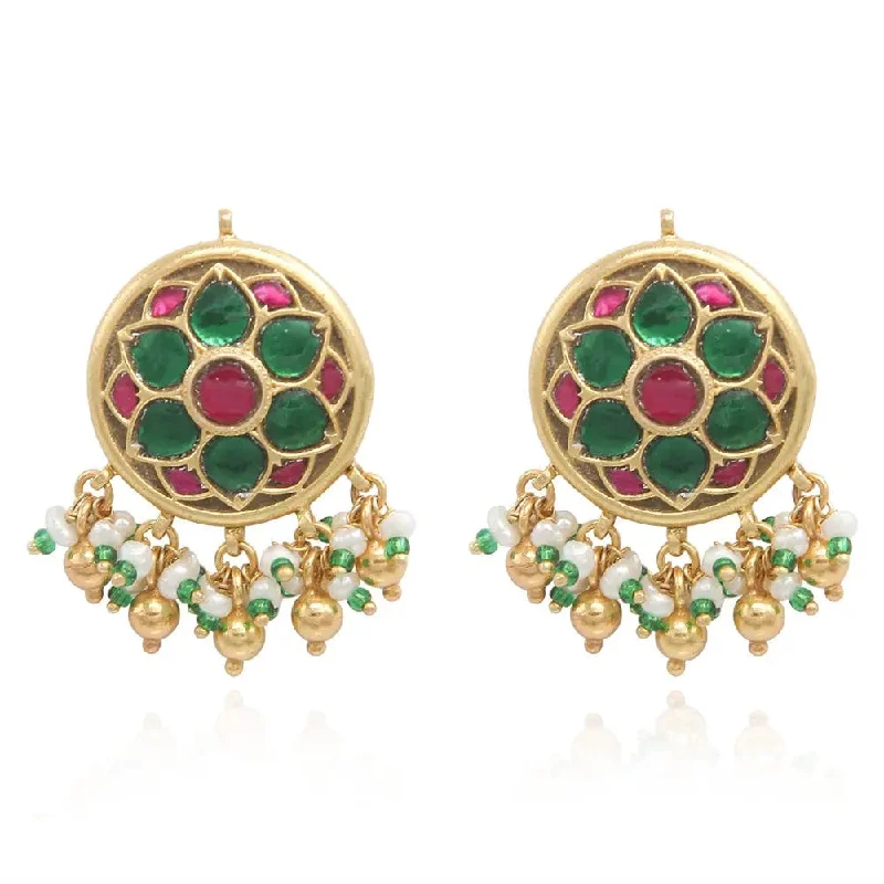 Heart Shaped Drop Earrings-92.5 SILVER KUNDAN RED AND GREEN STUD