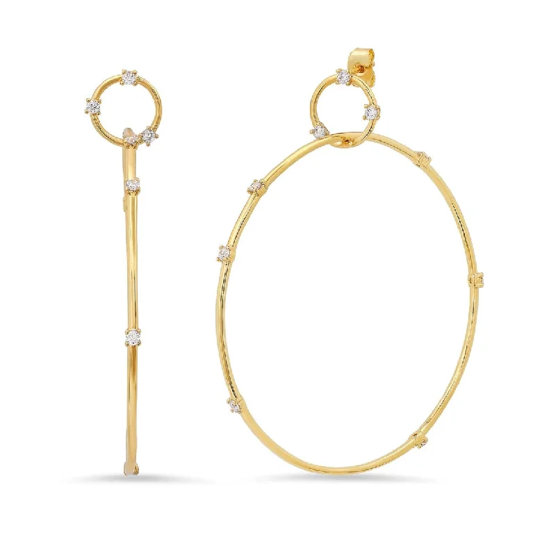 Modern Style Earrings-Large Gold Double Hoop Earrings With CZ Stations