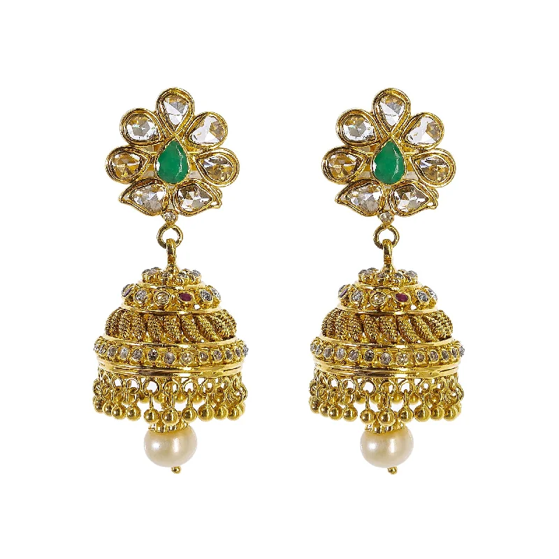 Emerald Drop Earrings-22K Yellow Gold Uncut Diamond Jhumki Earrings W/ 1.77ct Uncut Diamonds, Emeralds, Rubies & Drop Pearls