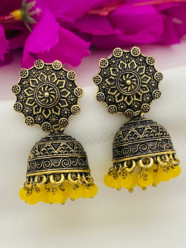 Large Bead Earrings-Appealing Yellow Color Pearl Beaded Floral Design Antique Gold Earrings