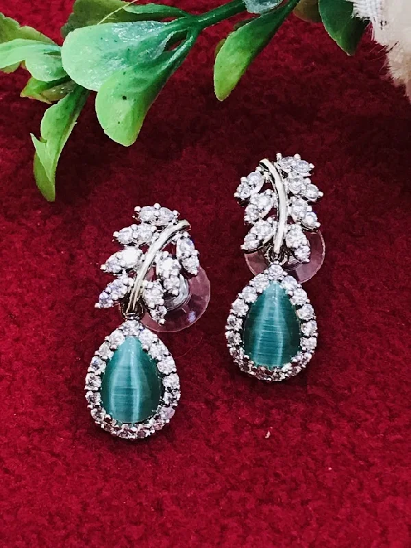 Round Hoop Earrings-Beautiful Teal Green Color American Diamond Earrings