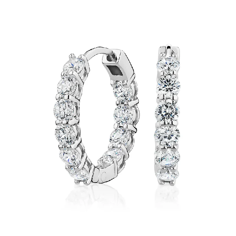 Natural Stone Earrings-Round Brilliant hoop earrings with 1.6 carats* of diamond simulants in sterling silver