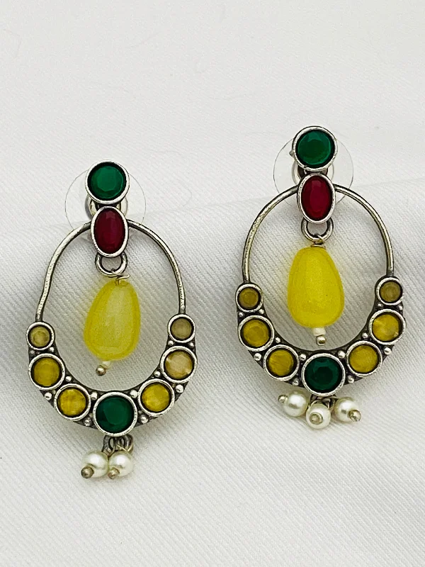 Floral Drop Earrings-Gorgeous Oval Shaped German Silver Plated Oxidized Yellow Drops Earrings With Pearl Beads