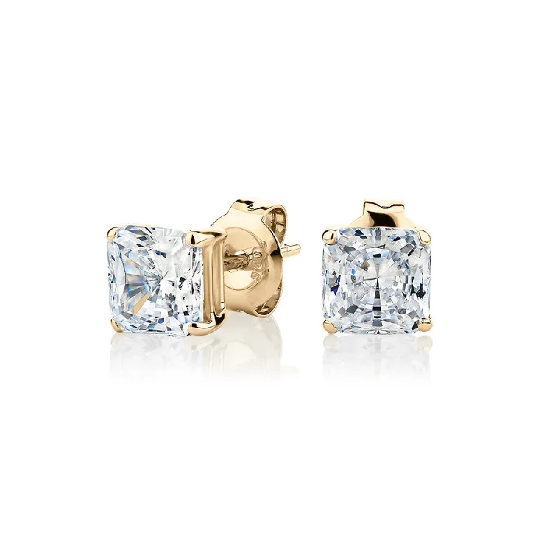 Green Jade Earrings-Princess Cut stud earrings with 2 carats* of diamond simulants in 10 carat yellow gold