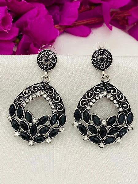 Luxury Diamond Earrings-Gorgeous Oxidized Silver Plated Tear Drop Designer Earrings With Black Stones