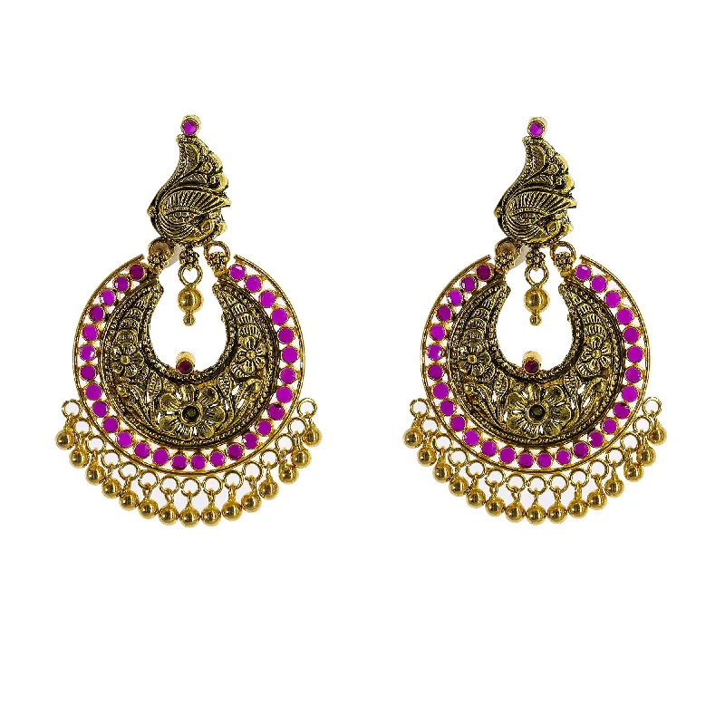 Long Diamond Earrings-22K Yellow Gold Antique Chandbali Earrings W/ Rubies & Peacock Accents