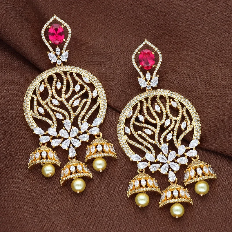 Custom Designed Earrings-Designer Floral Zirconia Chandbutta Earrings