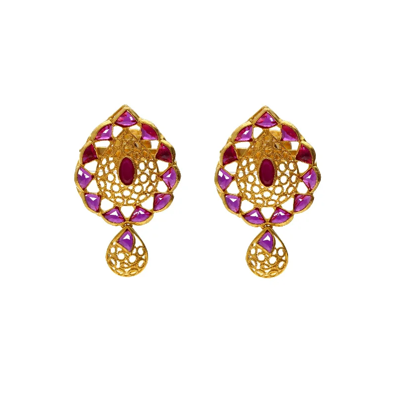 Elegant Stud Earrings-22K Yellow Gold & Ruby Broach Studs