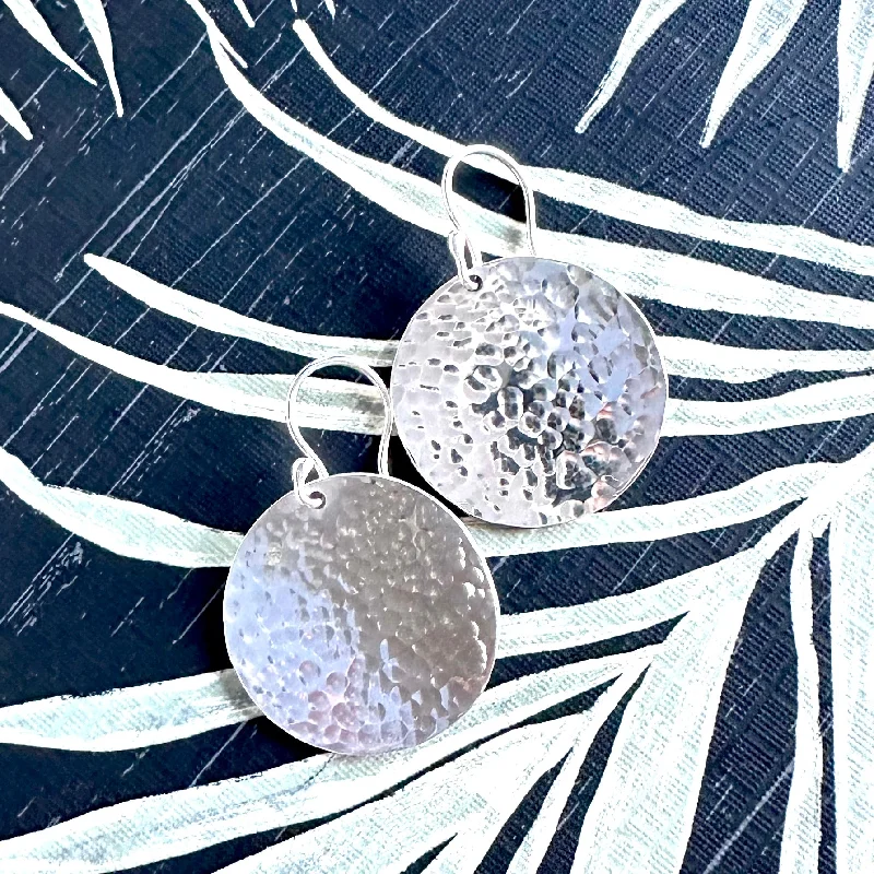 Silver Earrings for Weddings-Steel Pan Silver Hammered Disc Earrings - Nickel Free Hypoallergenic