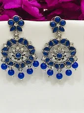 Retro Hoop Earrings-Attractive Blue Color Oxidized Stone And Beaded Work Earrings