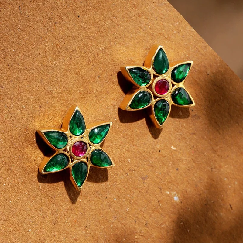 Vintage Drop Earrings-92.5 Silver Green Kundan Flower Stud Earrings