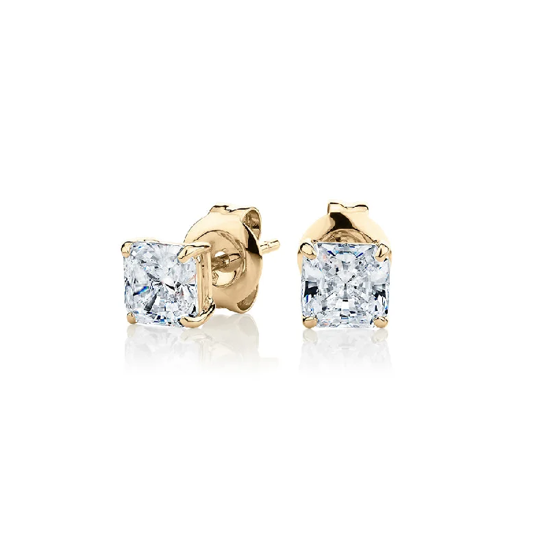 Gold Knot Earrings-Princess Cut stud earrings with 1 carat* of diamond simulants in 10 carat yellow gold