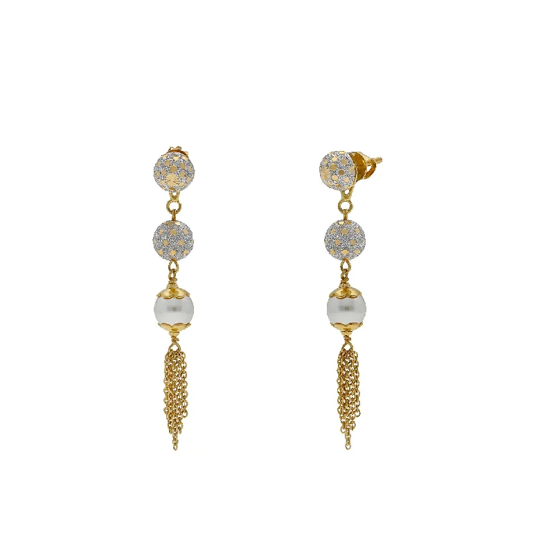 Chic Stud Earrings-22K Multi Tone Gold Drop Earrings W/ Pearls, Gold Balls & Tassel Accents