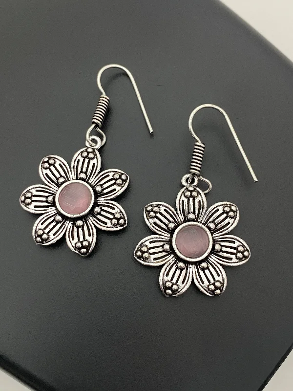 Simple Crystal Earrings-Attractive Light Pink Flower Design Oxidized Earrings For Women