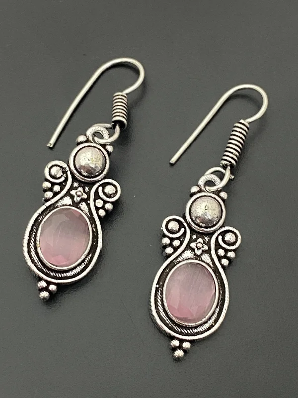 Rhinestone Earrings for Weddings-Gorgeous Light Pink Stone Beaded Round Shaped German Silver Plated Oxidized Earrings