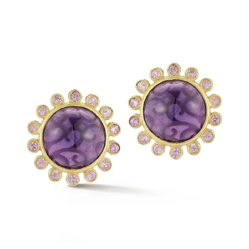 Simple Gold Earrings-Amethyst Sunburst Sapphire Button Earrings