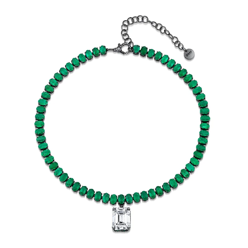 Diamond Solitaire Necklace-MEGA DRIP EMERALD TENNIS NECKLACE WITH GIA DIAMOND DROP