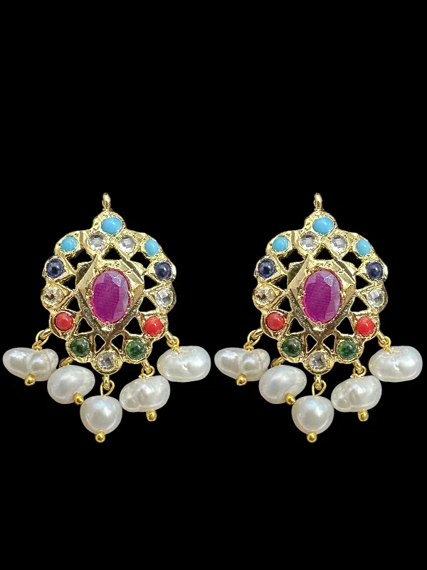 Vintage Gold Earrings-ET536  Faryal fresh water Pearl earrings - Navratan ( READY TO SHIP )