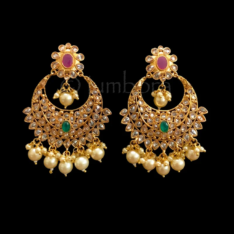 Gold Dangle Earrings-Polki LCD Champagne Chandbali Earrings with Pearl