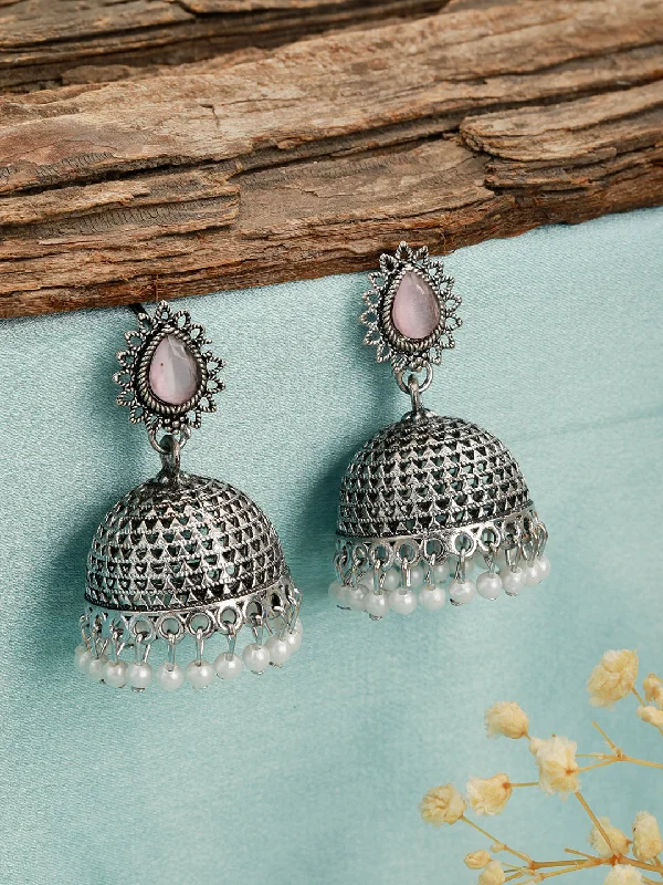 Silver Earrings with Opal-Silver Plated Pink Stone Studded & Pearl Beaded Jhumkas