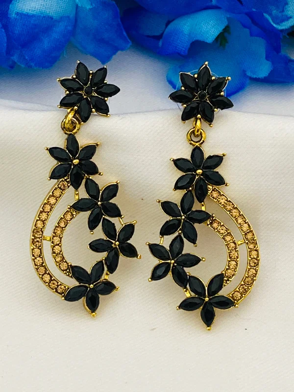 Crystal Drop Earrings-Gorgeous Antique Black Flower Designer Crystal Drops Danglers Earrings