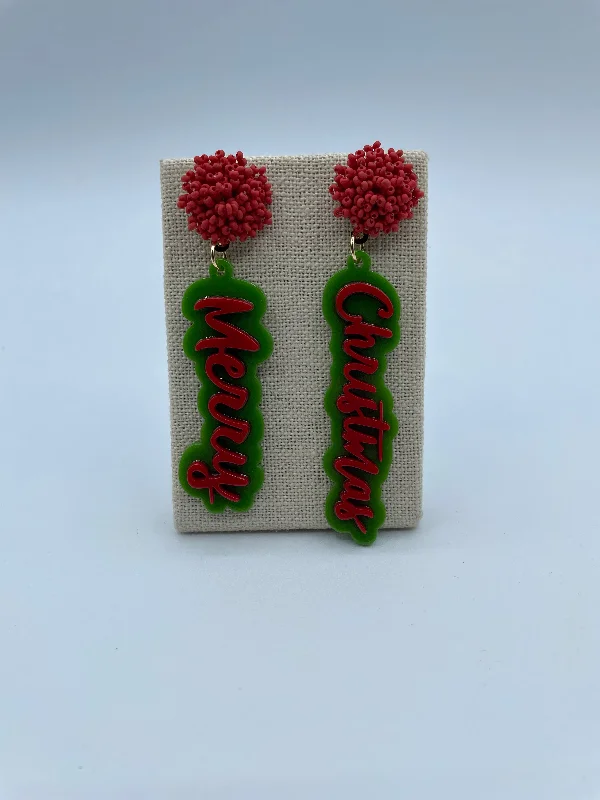 Floral Drop Earrings-Red and Green Merry Christmas Earrings