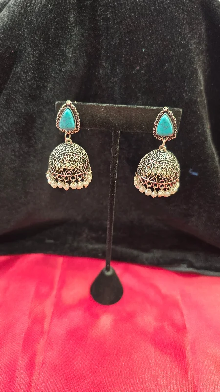 Designer Crystal Earrings-Beautiful Sea Green Color With Oxidized Jhumkas For Women